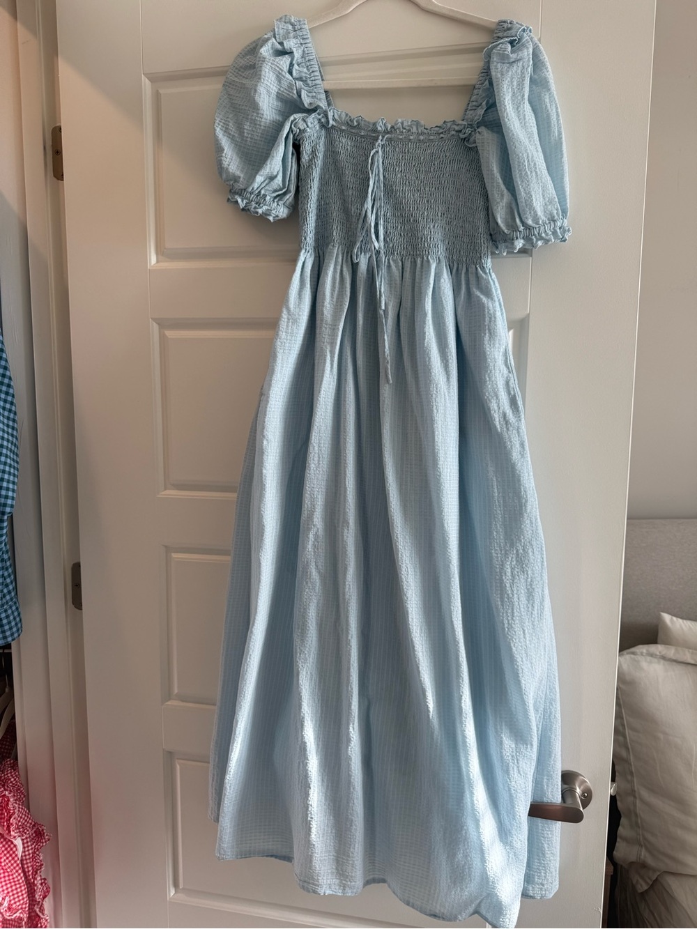 Hill House Nap Dress. Light Blue Puff Sleeve Smocked Midi Dress